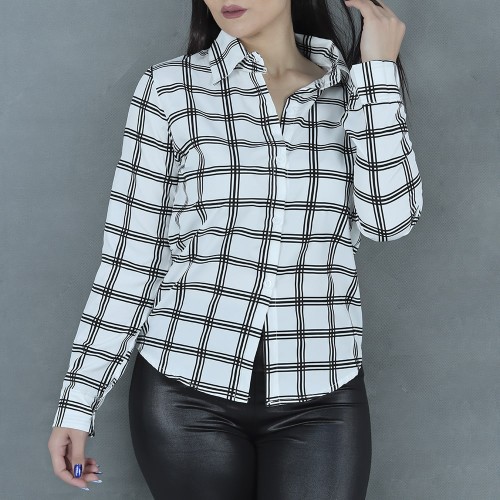 Women Fashion Lattice Simple Long-Sleeved Shirt - White image