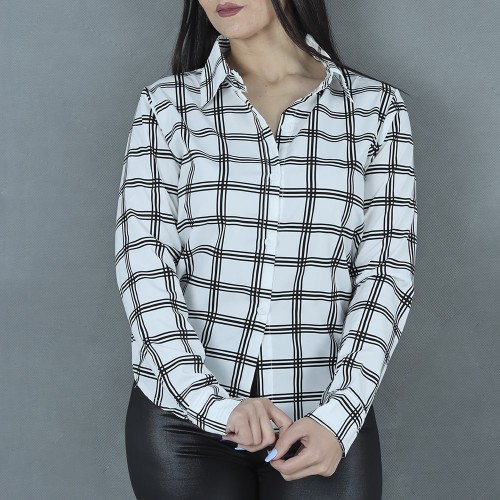 Women Fashion Lattice Simple Long-Sleeved Shirt - White image