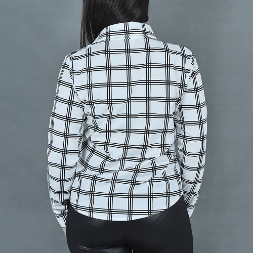 Women Fashion Lattice Simple Long-Sleeved Shirt - White image