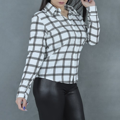 Women Fashion Lattice Simple Long-Sleeved Shirt - White image