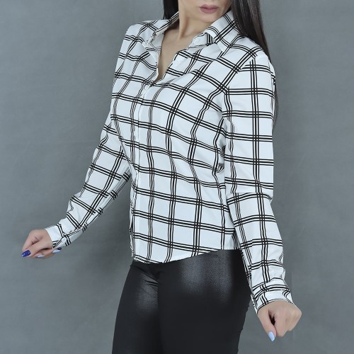 Women Fashion Lattice Simple Long-Sleeved Shirt - White image