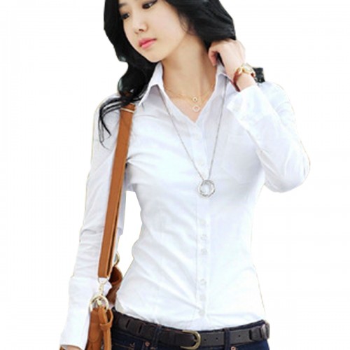 Women Summer Cotton Long Sleeves Casual Shirt - White image