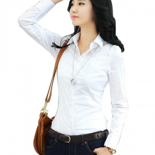Women Summer Cotton Long Sleeves Casual Shirt - White image