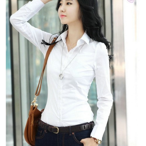 Women Summer Cotton Long Sleeves Casual Shirt - White image
