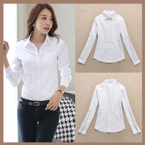 Women Summer Cotton Long Sleeves Casual Shirt - White image