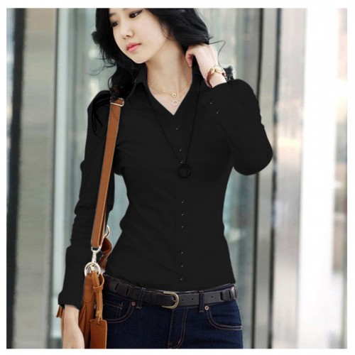 Women Summer Cotton Long Sleeves Casual Shirt - Black image