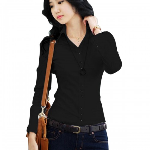 Women Summer Cotton Long Sleeves Casual Shirt - Black image