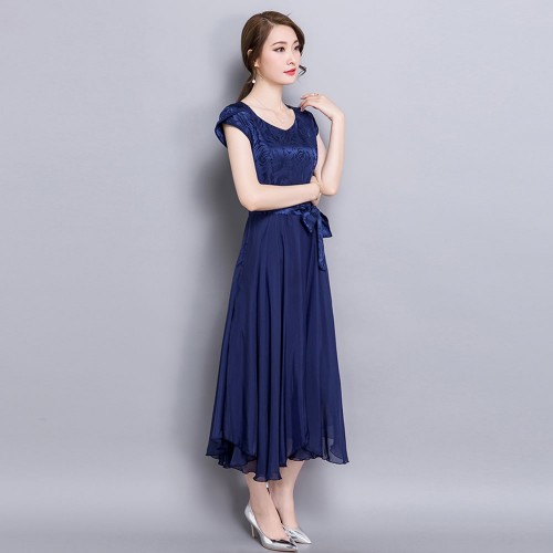 Women Summer Elegant Short Sleeved Chiffon Party Dress - Navy Blue image