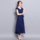Women Summer Elegant Short Sleeved Chiffon Party Dress - Navy Blue image