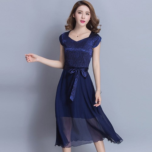 Women Summer Elegant Short Sleeved Chiffon Party Dress - Navy Blue image