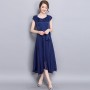Women Summer Elegant Short Sleeved Chiffon Party Dress - Navy Blue