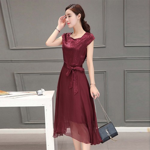 Women Summer Elegant Short Sleeved Chiffon Party Dress - Maroon image