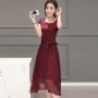 Women Summer Elegant Short Sleeved Chiffon Party Dress - Maroon