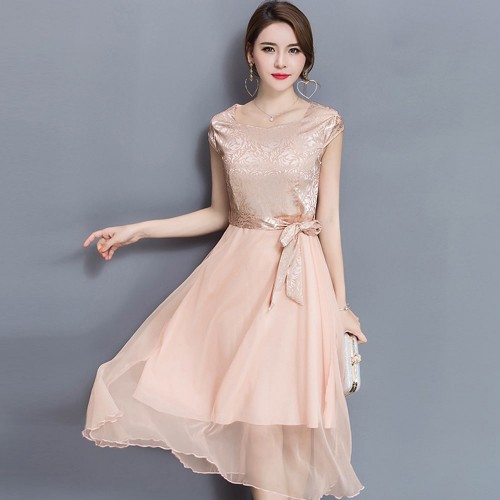 Women Summer Elegant Short Sleeved Chiffon Party Dress - Gold image