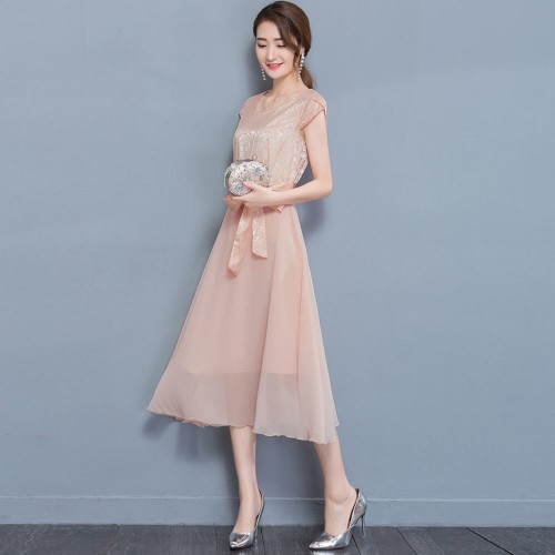 Women Summer Elegant Short Sleeved Chiffon Party Dress - Gold image