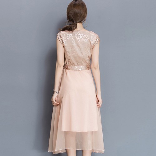 Women Summer Elegant Short Sleeved Chiffon Party Dress - Gold image