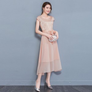 Women Summer Elegant Short Sleeved Chiffon Party Dress - Gold