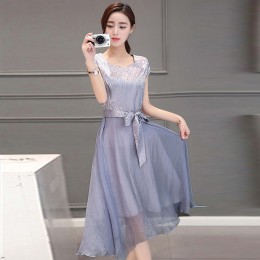 Women Summer Elegant Short Sleeved Chiffon Party Dress - Grey