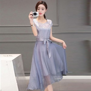 Women Summer Elegant Short Sleeved Chiffon Party Dress - Grey