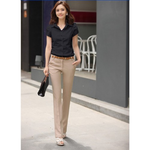 Women Fashion Short Sleeves Summer Cotton Shirt - Black image