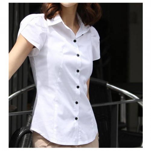 Women Fashion Short Sleeves Summer Cotton Shirt - White image