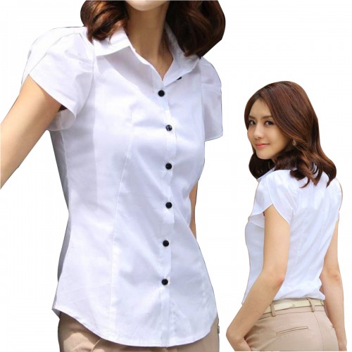 Women Fashion Short Sleeves Summer Cotton Shirt - White image