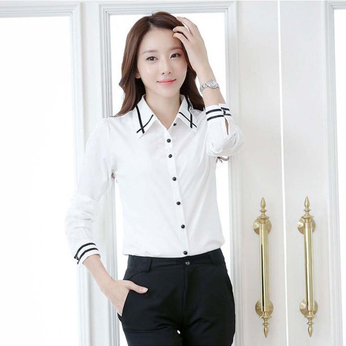 Summer Ribbon Splicing Lapel long Sleeved Slim Shirt - White image