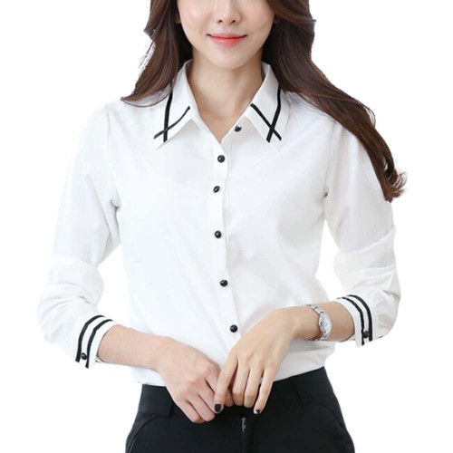 Summer Ribbon Splicing Lapel long Sleeved Slim Shirt - White image