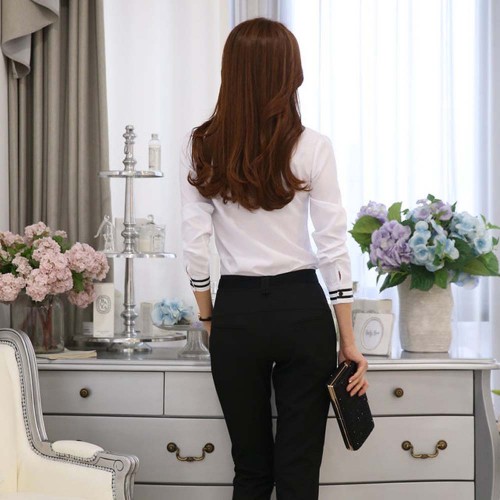 Summer Ribbon Splicing Lapel long Sleeved Slim Shirt - White image