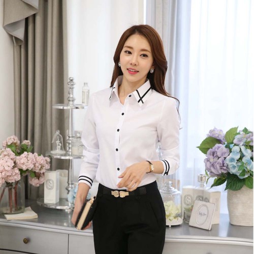 Summer Ribbon Splicing Lapel long Sleeved Slim Shirt - White image