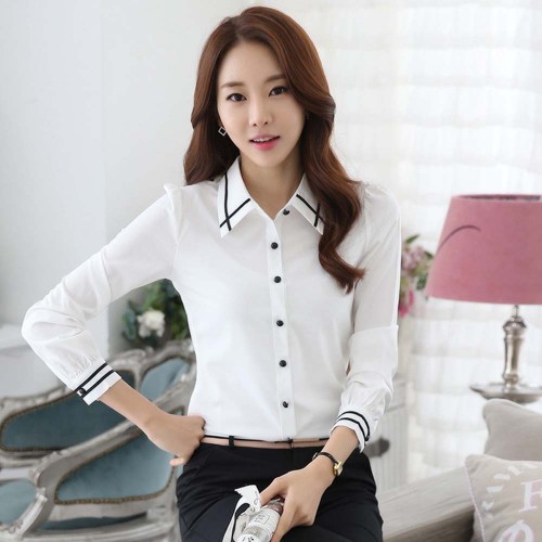 Summer Ribbon Splicing Lapel long Sleeved Slim Shirt - White image