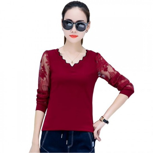 Casual Long Sleeve Crew Neck Women Blouse - Red image