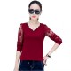 Casual Long Sleeve Crew Neck Women Blouse - Red image