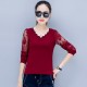 Casual Long Sleeve Crew Neck Women Blouse - Red image