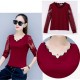 Casual Long Sleeve Crew Neck Women Blouse - Red image