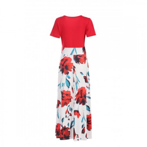 Women's Boho Patchwork Floral Short Sleeve Maxi Dress - Red image
