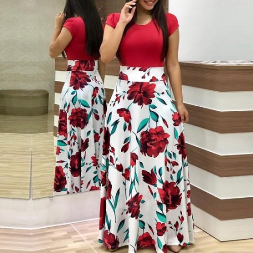 Women's Boho Patchwork Floral Short Sleeve Maxi Dress - Red image