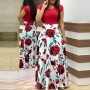 Women's Boho Patchwork Floral Short Sleeve Maxi Dress - Red