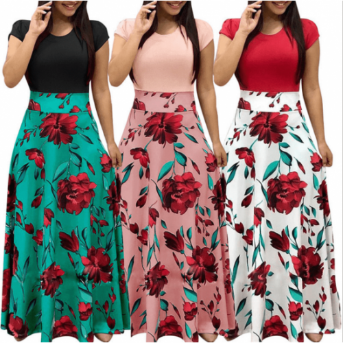 Women's Boho Patchwork Floral Short Sleeve Maxi Dress - Pink image