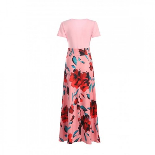 Women's Boho Patchwork Floral Short Sleeve Maxi Dress - Pink image