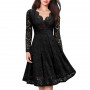 Lace Patchwork V Neck Flare Knee Length Dress - Black