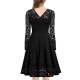 Lace Patchwork V Neck Flare Knee Length Dress - Black image