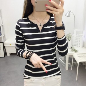 Slim Stripe V-neck Long Sleeve Casual T-Shirts - Black