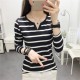 Slim Stripe V-neck Long Sleeve Casual T-Shirts - Black image