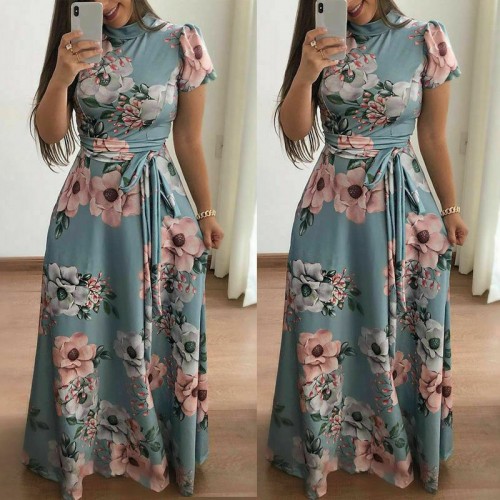 Floral Prints Short Sleeved Casual Maxi Dress - Light Blue image