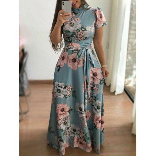 Floral Prints Short Sleeved Casual Maxi Dress - Light Blue image