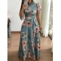 Floral Prints Short Sleeved Casual Maxi Dress - Light Blue