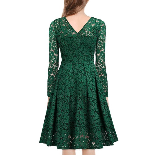 Lace Patchwork V Neck Flare Knee Length Dress - Green image
