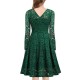 Lace Patchwork V Neck Flare Knee Length Dress - Green image