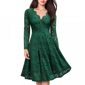 Lace Patchwork V Neck Flare Knee Length Dress - Green